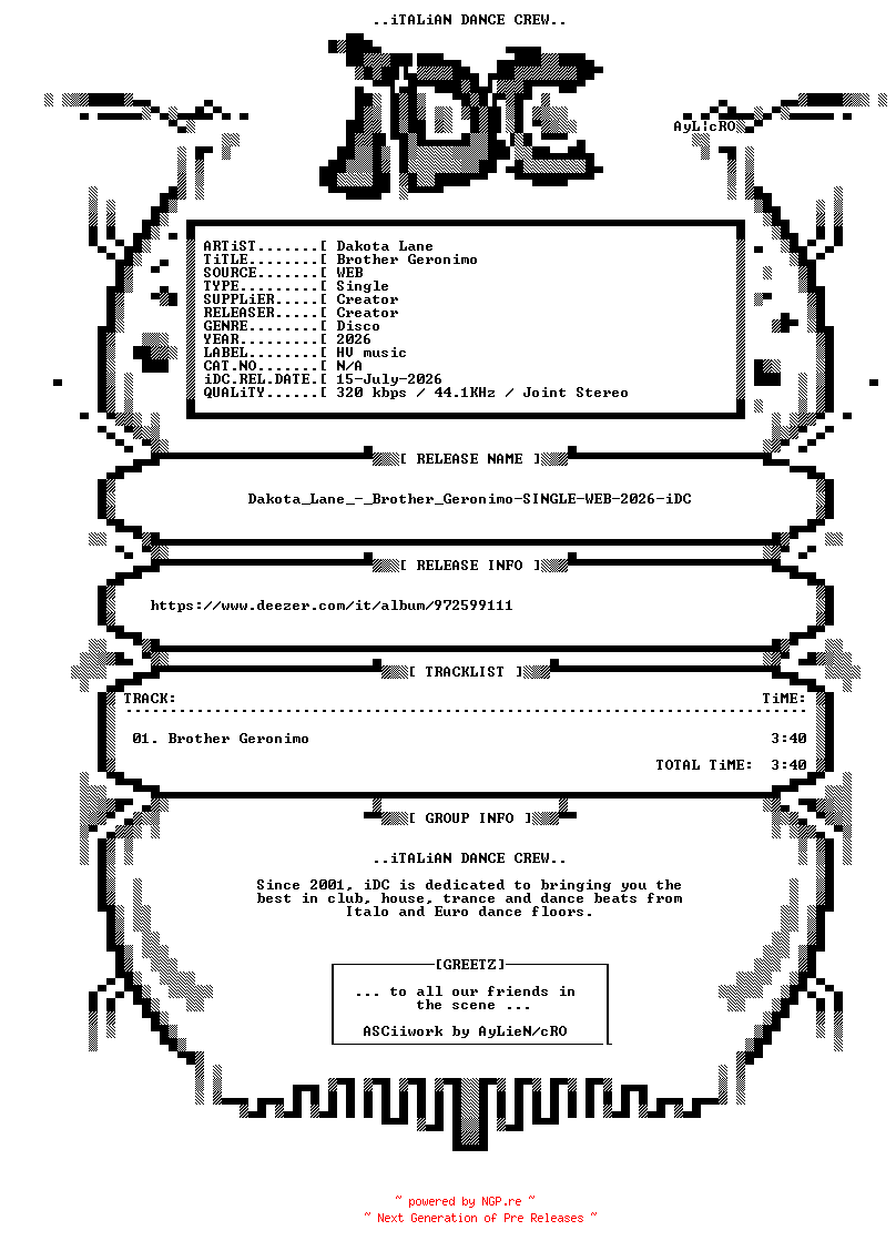NFO for the release Dakota_Lane_-_Brother_Geronimo-SINGLE-WEB-2026-iDC by iDC