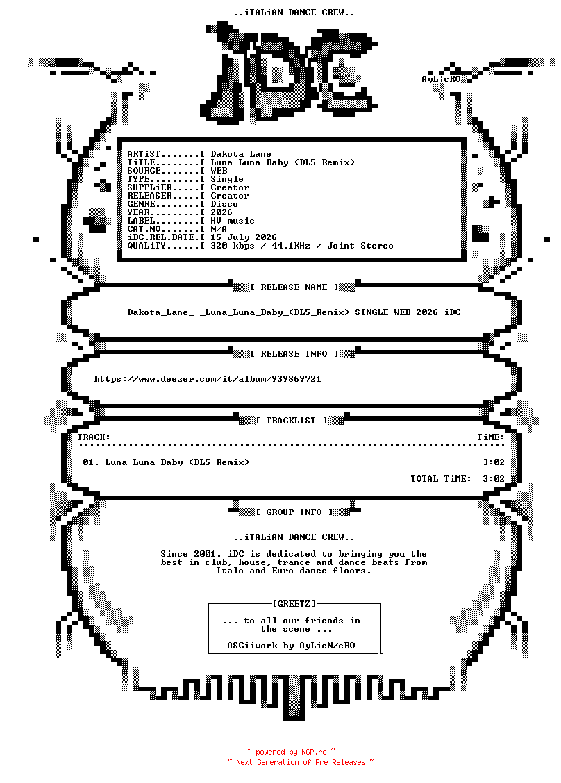NFO for the release Dakota_Lane_-_Luna_Luna_Baby_(DL5_Remix)-SINGLE-WEB-2026-iDC by iDC