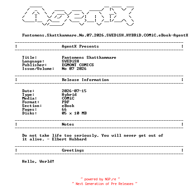NFO for the release Fantomens.Skattkammare.No.07.2026.SWEDiSH.HYBRiD.COMiC.eBook-AgentX by AgentX