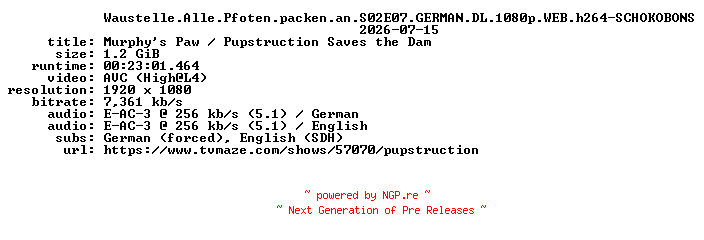 NFO for the release Waustelle.Alle.Pfoten.packen.an.S02E07.GERMAN.DL.1080p.WEB.h264-SCHOKOBONS by SCHOKOBONS