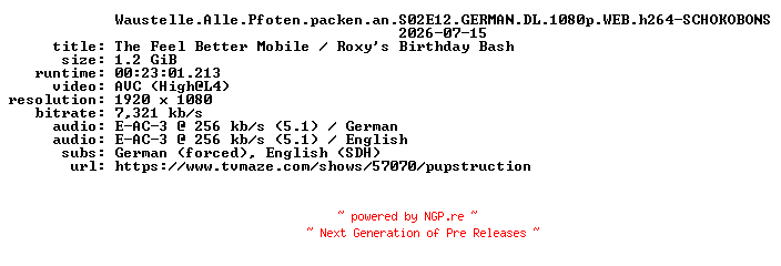 NFO for the release Waustelle.Alle.Pfoten.packen.an.S02E12.GERMAN.DL.1080p.WEB.h264-SCHOKOBONS by SCHOKOBONS