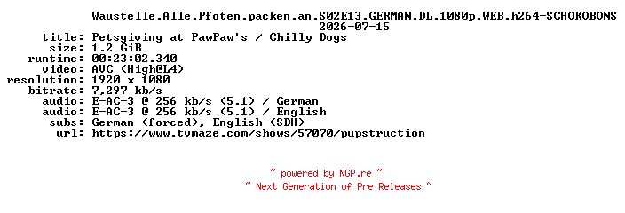 NFO for the release Waustelle.Alle.Pfoten.packen.an.S02E13.GERMAN.DL.1080p.WEB.h264-SCHOKOBONS by SCHOKOBONS