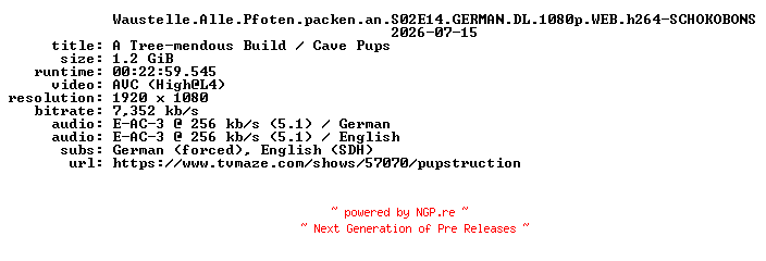 NFO for the release Waustelle.Alle.Pfoten.packen.an.S02E14.GERMAN.DL.1080p.WEB.h264-SCHOKOBONS by SCHOKOBONS