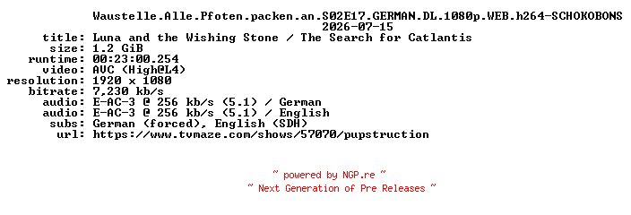 NFO for the release Waustelle.Alle.Pfoten.packen.an.S02E17.GERMAN.DL.1080p.WEB.h264-SCHOKOBONS by SCHOKOBONS