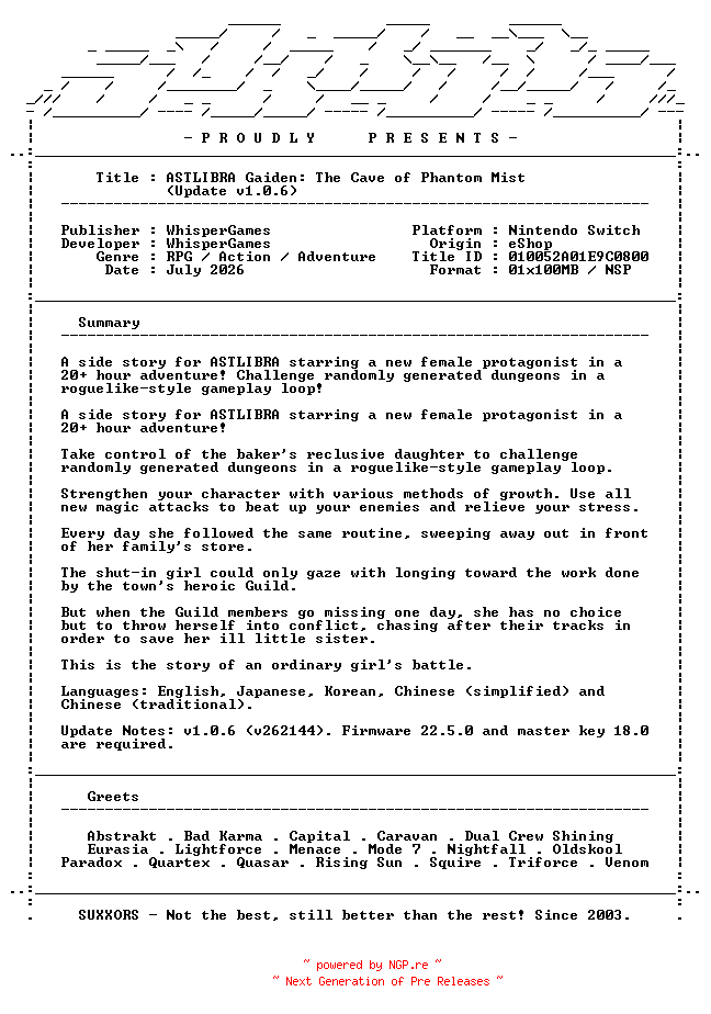 NFO for the release ASTLIBRA_Gaiden_The_Cave_of_Phantom_Mist_Update_v1.0.6_NSW-SUXXORS by SUXXORS