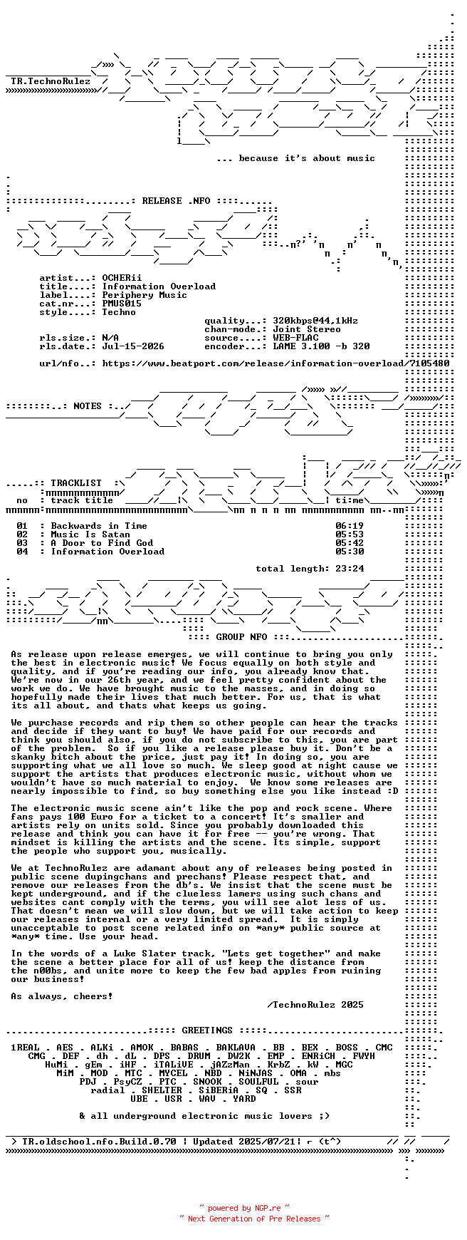 NFO for the release OCHERii-Information_Overload-(PMUS015)-WEB-2026-TR by TR