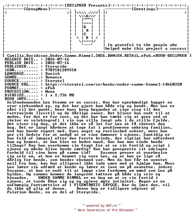 NFO for the release Camilla.Davidsson.Under.Samme.Himmel.2026.DANiSH.RETAiL.ePub.eBOOK-DECiPHER by DECiPHER