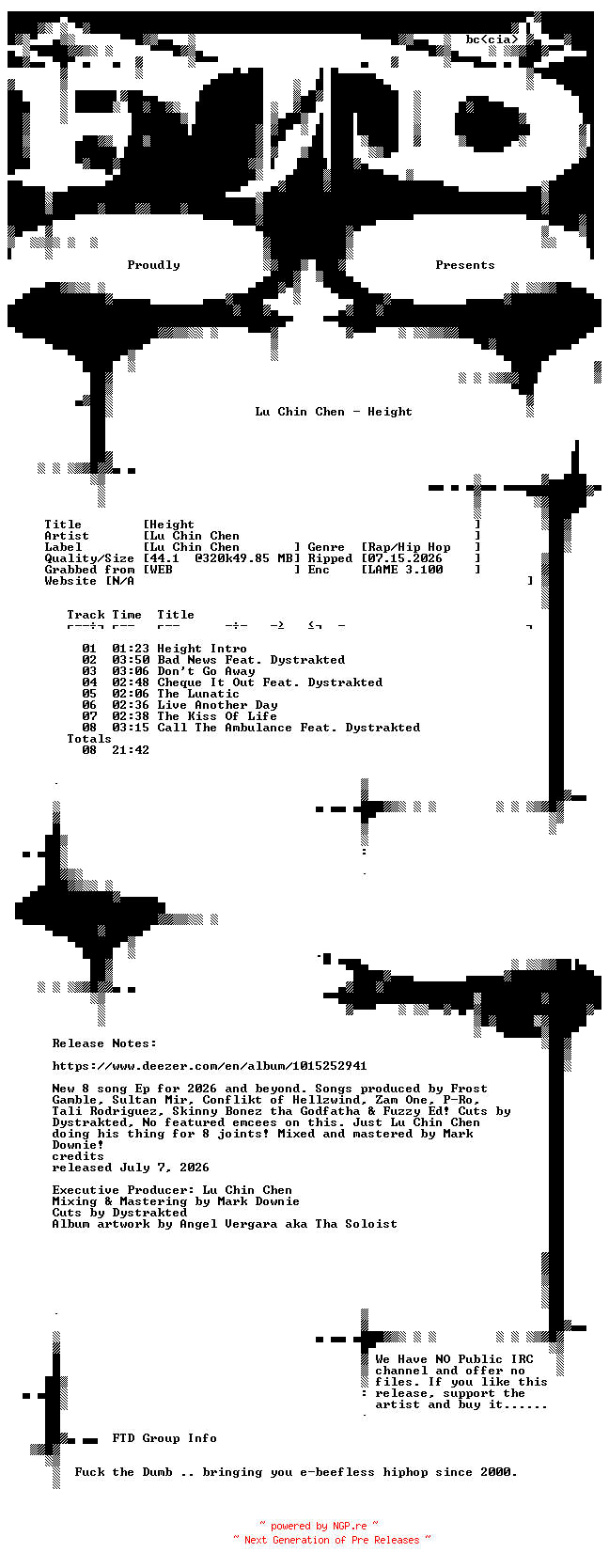 NFO for the release Lu_Chin_Chen-Height-WEB-2026-FTD by FTD