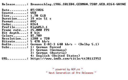 NFO for the release Braunschlag.1986.S01E04.GERMAN.720P.WEB.H264-WAYNE by WAYNE
