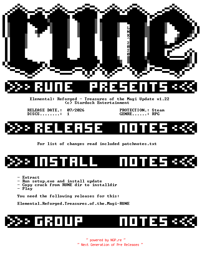 NFO for the release Elemental.Reforged.Treasures.of.the.Magi.Update.v1.22-RUNE by RUNE
