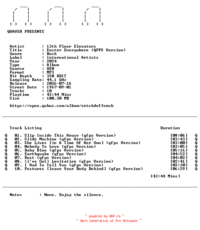 NFO for the release 13th_Floor_Elevators-Easter_Everywhere_(QFPS_Version)-REMASTERED-WEB-2024-QUAVER by QUAVER