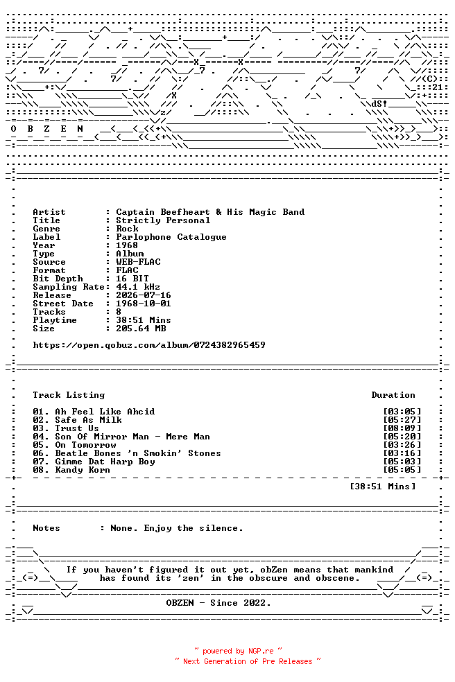 NFO for the release Captain_Beefheart_and_His_Magic_Band-Strictly_Personal-16BIT-WEB-FLAC-1968-OBZEN by OBZEN
