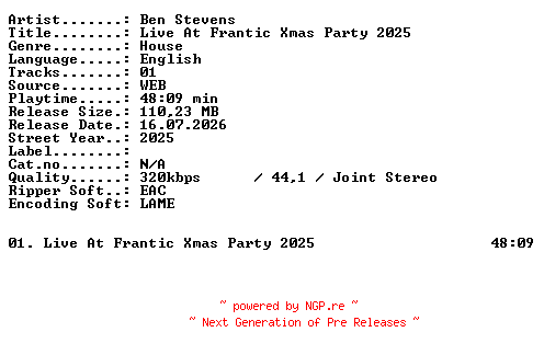 NFO for the release Ben_Stevens-Live_At_Frantic_Xmas_Party_2025-WEB-2025-XTC_iNT by XTC_iNT