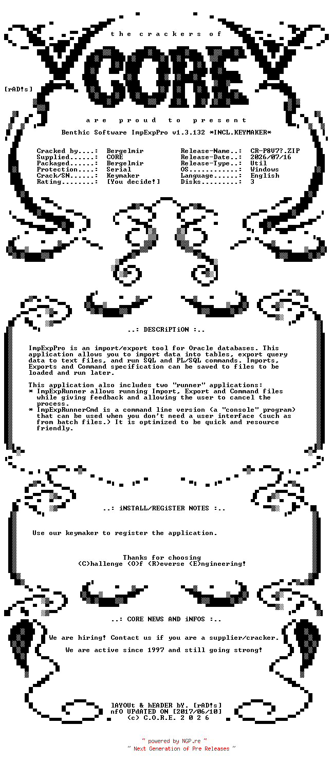 NFO for the release Benthic.Software.ImpExpPro.v1.3.132.x64.Incl.Keymaker-CORE by CORE