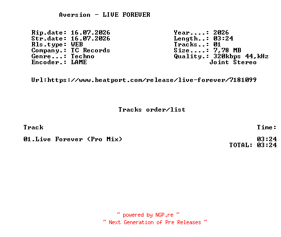 NFO for the release Aversion_-_LIVE_FOREVER-(TCRECPRO178)-SINGLE-WEB-2026-FMC by FMC