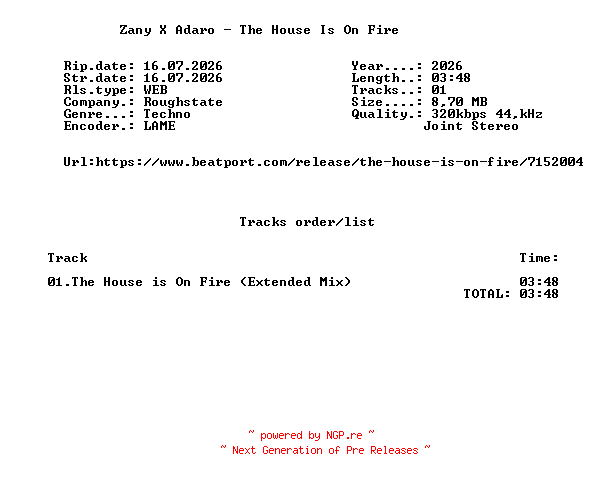 NFO for the release Zany_X_Adaro_-_The_House_Is_On_Fire-(ROUGH343D)-SINGLE-WEB-2026-FMC by FMC