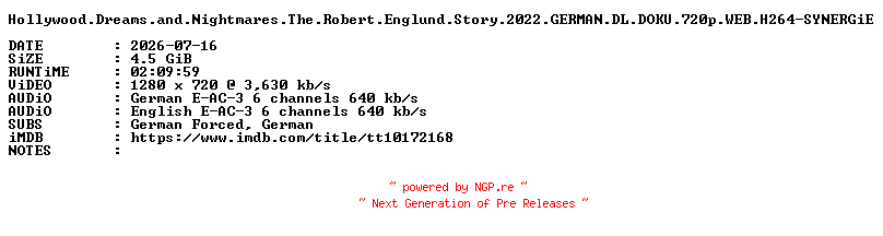 NFO for the release Hollywood.Dreams.and.Nightmares.The.Robert.Englund.Story.2022.GERMAN.DL.DOKU.720p.WEB.H264-SYNERGiE by SYNERGiE
