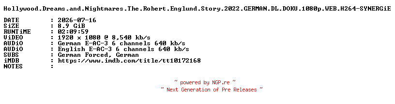 NFO for the release Hollywood.Dreams.and.Nightmares.The.Robert.Englund.Story.2022.GERMAN.DL.DOKU.1080p.WEB.H264-SYNERGiE by SYNERGiE