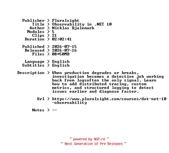 NFO for the release Pluralsight.Observability.in.NET.10.2026.BOOKWARE-GETH by GETH