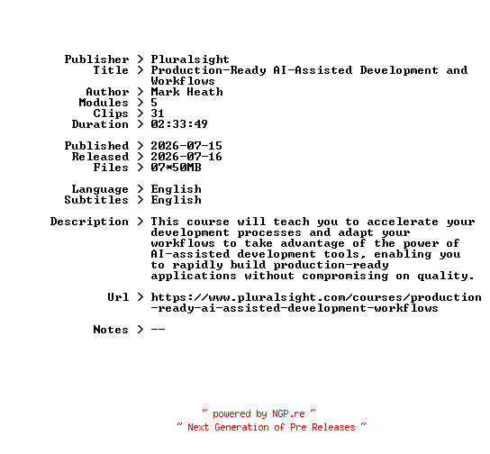 NFO for the release Pluralsight.Production-Ready.AI-Assisted.Development.and.Workflows.2026.BOOKWARE-GETH by GETH