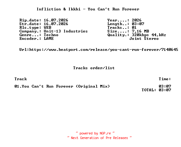 NFO for the release Infliction_And_Ikkhi_-_You_Cant_Run_Forever-(U13006)-SINGLE-WEB-2026-FMC by FMC