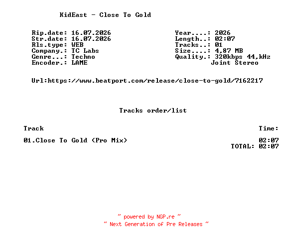 NFO for the release KidEast_-_Close_To_Gold-(TCLABSPRO203)-SINGLE-WEB-2026-FMC by FMC