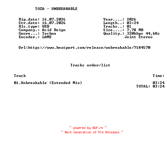 NFO for the release TOZA_-_UNBREAKABLE-(ACR112)-SINGLE-WEB-2026-FMC by FMC