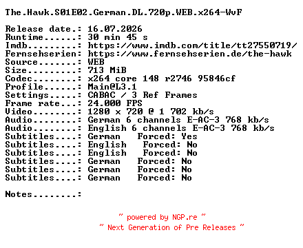 NFO for the release The.Hawk.S01E02.German.DL.720p.WEB.x264-WvF by WvF