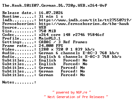 NFO for the release The.Hawk.S01E07.German.DL.720p.WEB.x264-WvF by WvF