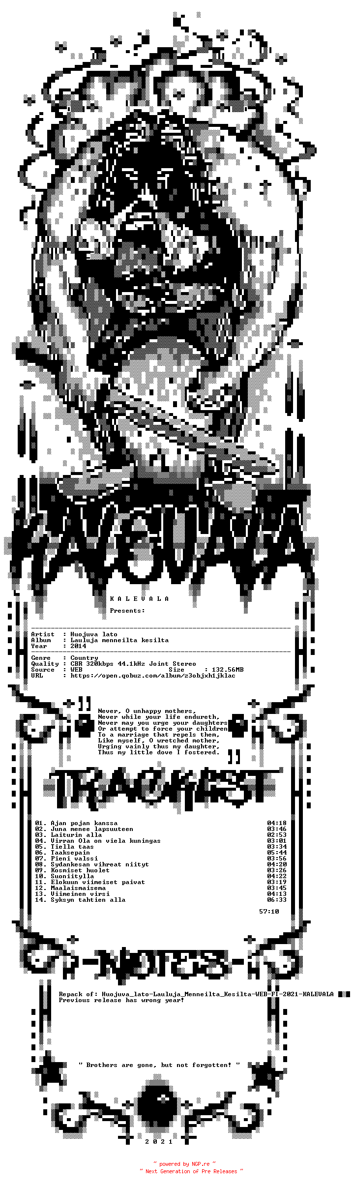 NFO for the release Huojuva_lato-Lauluja_Menneilta_Kesilta-REPACK-WEB-FI-2014-KALEVALA by KALEVALA
