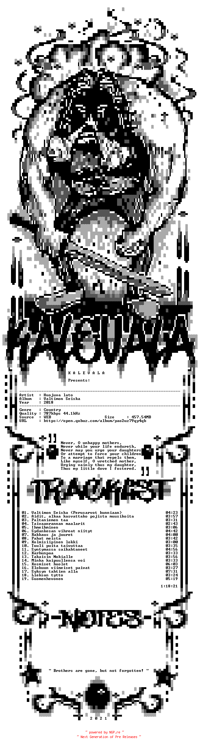 NFO for the release Huojuva_lato-Valtimon_Seiska-FI-16BIT-WEB-FLAC-2018-KALEVALA by KALEVALA