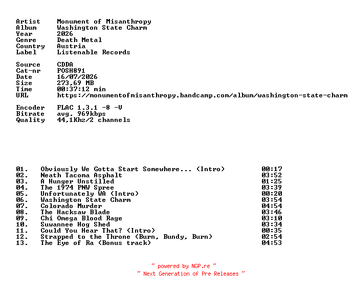 NFO for the release Monument_of_Misanthropy-Washington_State_Charm-(POSH891)-CD-FLAC-2026-86D by 86D