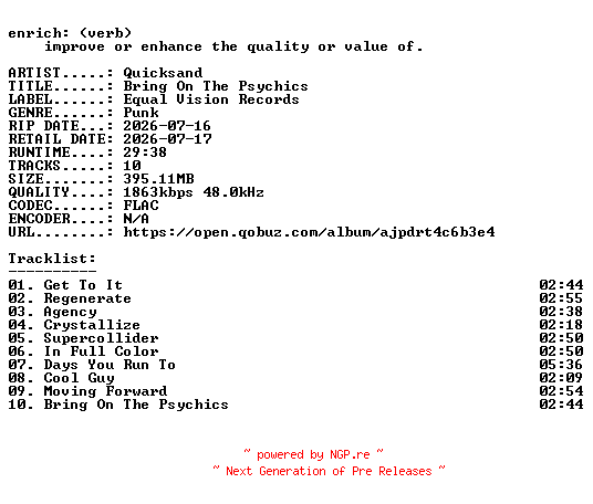 NFO for the release Quicksand-Bring_On_The_Psychics-24BIT-WEB-FLAC-2026-ENRiCH by ENRiCH