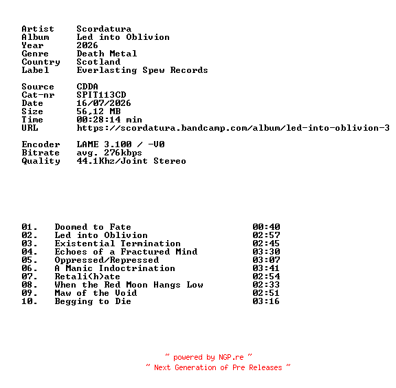 NFO for the release Scordatura-Led_into_Oblivion-CD-2026-DiTCH by DiTCH