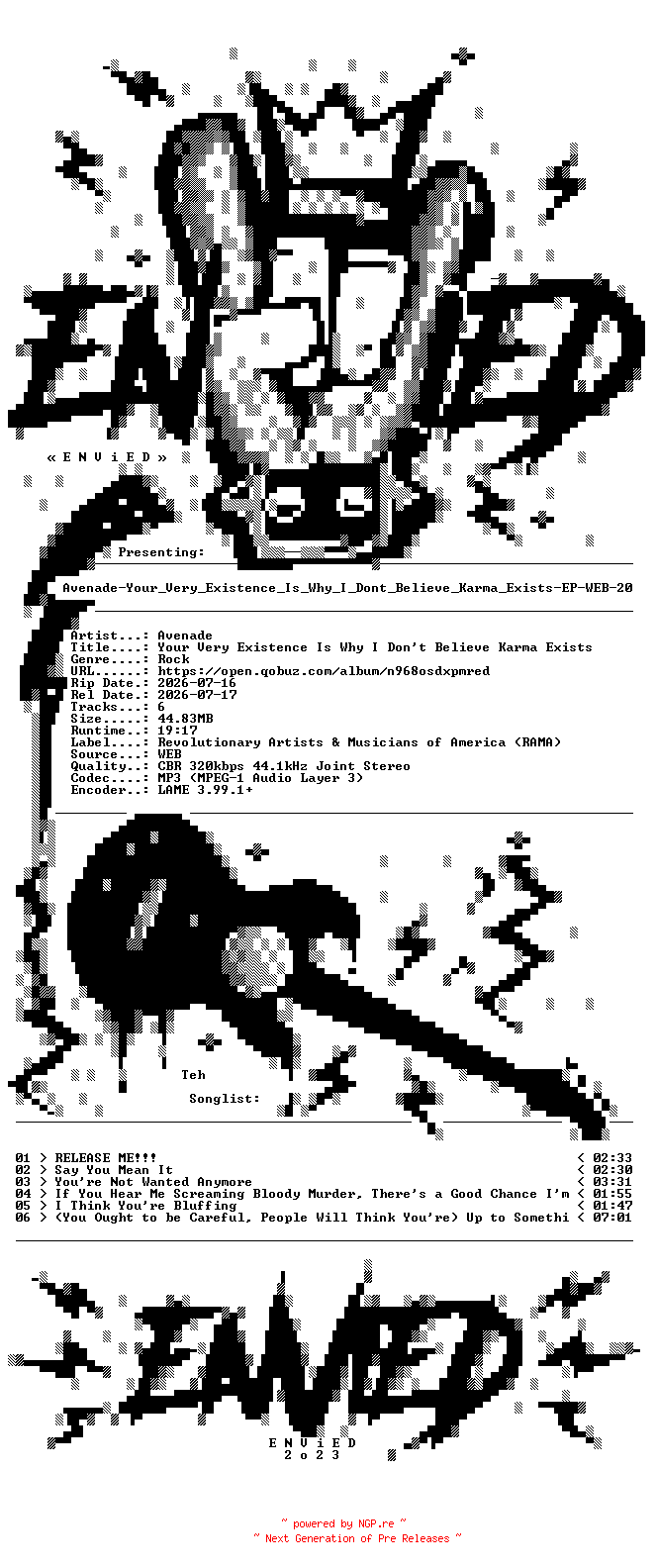 NFO for the release Avenade-Your_Very_Existence_Is_Why_I_Dont_Believe_Karma_Exists-EP-WEB-2026-ENViED by ENViED