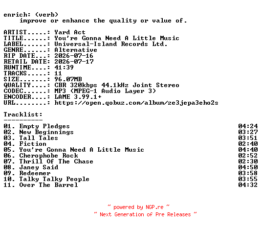 NFO for the release Yard_Act-Youre_Gonna_Need_A_Little_Music-WEB-2026-ENRiCH by ENRiCH