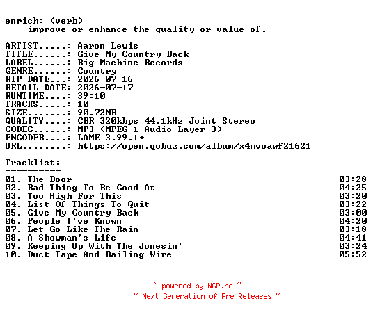NFO for the release Aaron_Lewis-Give_My_Country_Back-WEB-2026-ENRiCH by ENRiCH