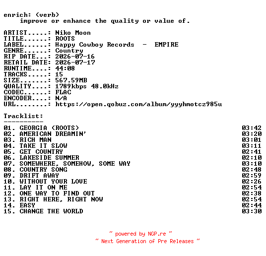 NFO for the release Niko_Moon-ROOTS-24BIT-WEB-FLAC-2026-ENRiCH by ENRiCH