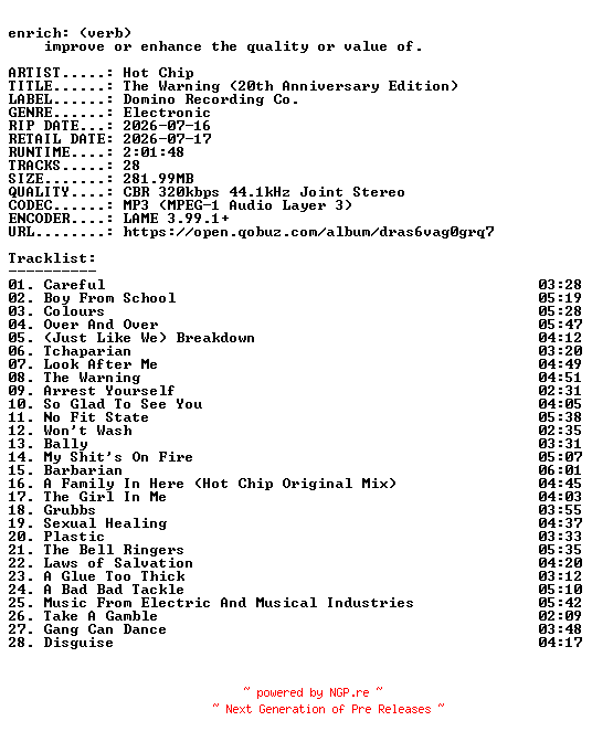 NFO for the release Hot_Chip-The_Warning_(20th_Anniversary_Edition)-WEB-2026-ENRiCH by ENRiCH