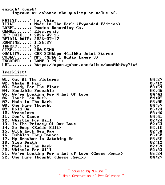 NFO for the release Hot_Chip-Made_In_The_Dark_(Expanded_Edition)-WEB-2026-ENRiCH by ENRiCH