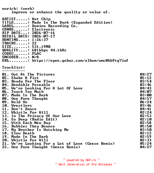 NFO for the release Hot_Chip-Made_In_The_Dark_(Expanded_Edition)-16BIT-WEB-FLAC-2026-ENRiCH by ENRiCH