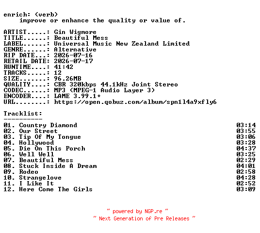 NFO for the release Gin_Wigmore-Beautiful_Mess-WEB-2026-ENRiCH by ENRiCH