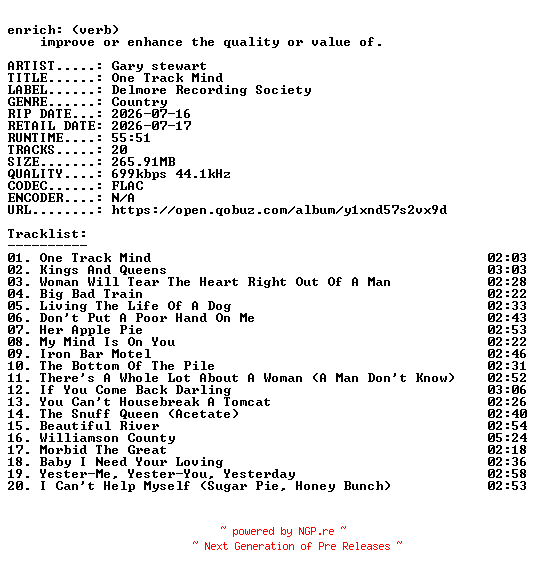 NFO for the release Gary_stewart-One_Track_Mind-16BIT-WEB-FLAC-2026-ENRiCH by ENRiCH