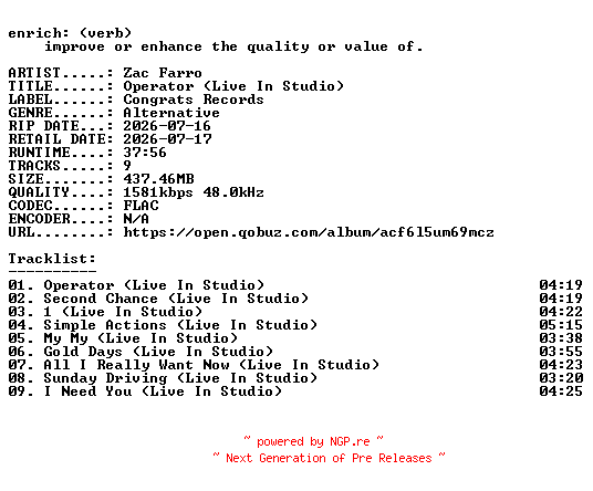 NFO for the release Zac_Farro-Operator_(Live_In_Studio)-24BIT-WEB-FLAC-2026-ENRiCH by ENRiCH