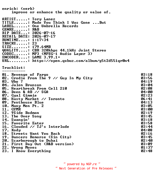 NFO for the release Tory_Lanez-Made_You_Think_I_Was_Gone__But-WEB-2026-ENRiCH by ENRiCH