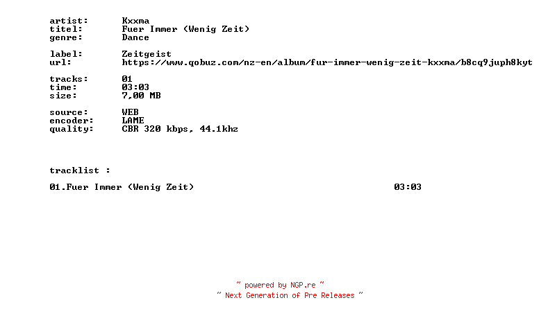 NFO for the release Kxxma_-_Fuer_Immer_(Wenig_Zeit)-SINGLE-WEB-DE-2026-BITCOINS by BITCOINS