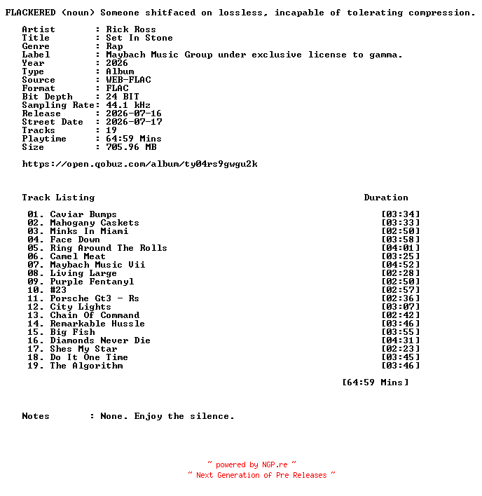 NFO for the release Rick_Ross-Set_In_Stone-24BIT-44KHZ-WEB-FLAC-2026-FLACKERED by FLACKERED