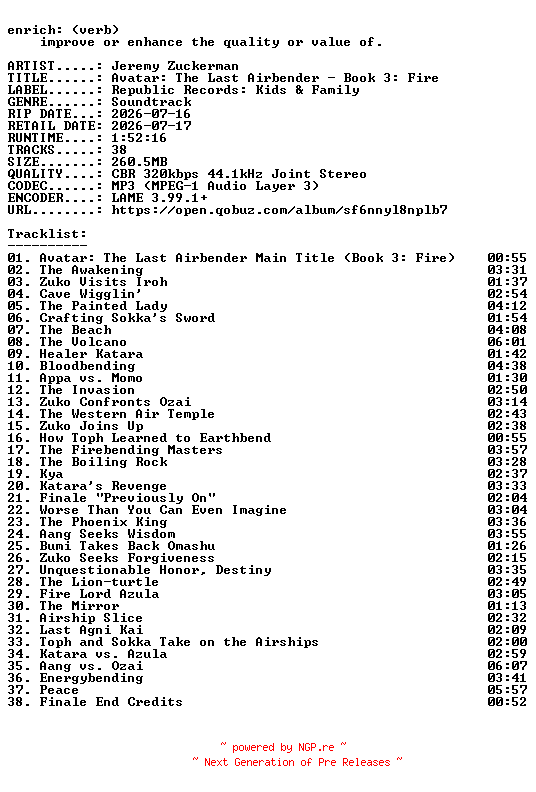 NFO for the release Jeremy_Zuckerman-Avatar_The_Last_Airbender__Book_3_Fire-OST-WEB-2026-ENRiCH by ENRiCH