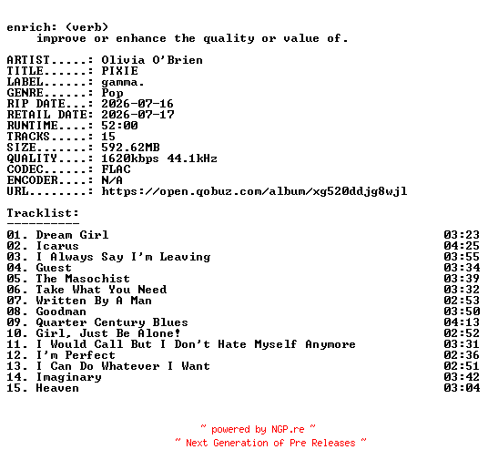 NFO for the release Olivia_OBrien-PIXIE-24BIT-WEB-FLAC-2026-ENRiCH by ENRiCH