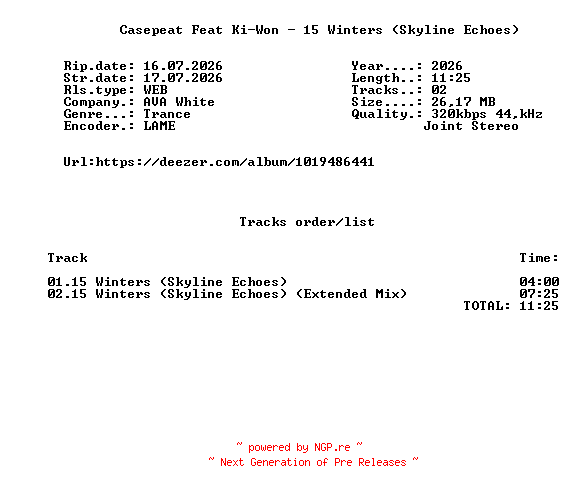 NFO for the release Casepeat_Feat_Ki-Won_-_15_Winters_(Skyline_Echoes)-(AVAW419)-WEB-2026-FMC by FMC